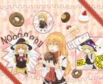  4girls =_= azusa_(cookie) bangs black_capelet black_coat black_gloves black_headwear black_vest blonde_hair bow bowtie braid buttons cake cake_slice capelet chibi chocolate chocolate_doughnut closed_mouth coat commentary_request cookie_(touhou) food fruit gloves haiperion_buzan hair_between_eyes hair_bow hands_on_own_head hat hat_ornament highres kirisame_marisa long_hair long_sleeves looking_at_viewer manatsu_no_yo_no_inmu mars_(cookie) mg_mg miura_daisenpai multiple_girls musical_note no open_mouth purple_bow red_bow red_bowtie red_star rei_(cookie) shirt short_sleeves side_braid single_braid staff_(music) star_(symbol) star_hat_ornament strawberry strawberry_shortcake touhou turtleneck upper_body uzuki_(cookie) vest white_bow white_shirt witch_hat yellow_eyes 