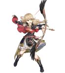  1girl alternate_costume armor bag bangs belt black_footwear boots bow braid breastplate bridal_gauntlets brown_eyes brown_hair capelet dress faye_(fire_emblem) feather_trim fire_emblem fire_emblem_echoes:_shadows_of_valentia fire_emblem_heroes full_body gold_trim hair_bow highres knee_boots long_hair mikurou_(nayuta) non-web_source official_art short_sleeves shoulder_armor solo twin_braids twintails 