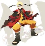  amphibian_eyes bandages blonde_hair cape dust fighting_stance forehead_protector frog_eyes green_eyes grin headband konohagakure_symbol male naruto rassie_s sage_mode sandals scroll shoes short_hair smile solo spiked_hair toes turtleneck uzumaki_naruto yellow_eyes 