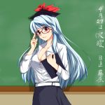  bespectacled blue_hair book breasts chalkboard cleavage glasses hat kamishirasawa_keine long_hair red_eyes ryuushou teacher touhou 