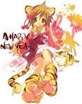 :3 animal_ears blush brown_eyes brown_hair claws fangs hanehane_kiro new_year original solo tail tiger 
