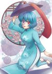  bad_id blue_eyes blue_hair flower hat heterochromia karakasa_obake kauhagi_(artist) kawahagi kneeling red_eyes rice_hat short_hair tatara_kogasa tongue touhou umbrella vietnamese_dress 