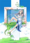  anklet barefoot barefoot_sandals blue_eyes bracelet brown_hair butterfly cloud clouds dress elaborate_frame flat_chest frame giccho highres jewelry legs lips necklace original plant sitting smile solo sundress 
