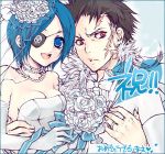  1girl black_hair blue_eyes blue_hair boquet bouquet bow_tie bowtie breasts bridal_veil bride carrying chrome_dokuro cleavage couple dress elbow_gloves eyepatch flower gloves happy jewelry katekyo_hitman_reborn katekyo_hitman_reborn! lowres marriage necklace pearl_necklace princess_carry red_eyes ribbon ring scar short_hair veil wedding wedding_dress wedding_ring xanxus 