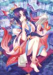  barefoot blue_eyes book breasts calligraphy_brush cleavage feet hair_ornament highres japanese_clothes jewelry kimono minami_seira original paintbrush purple_hair smile underwater 