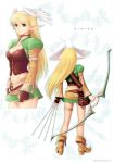  1girl absurdres ankle_boots archery arrow_(projectile) bangs belt belt_pouch blonde_hair blue_eyes boots bow_(weapon) breasts brown_footwear choker cleavage closed_mouth corset cropped_jacket elf elwing female from_behind full_body gloves hairband head_wings highres holding holding_arrow holding_bow_(weapon) holding_weapon juliet_sleeves long_hair long_sleeves looking_away medium_breasts multiple_views navel official_art pointy_ears pouch puffy_long_sleeves puffy_sleeves shining_tears shining_wind shoes single_glove skirt standing thighlet tony_taka white_hairband winged_hairband 