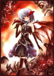  alternate_costume artist_request bat bat_wings black_legwear black_thighhighs blue_hair dress elbow_gloves gloves highres microphone red_eyes remilia_scarlet ren_ou_shi short_hair solo thigh-highs thighhighs touhou wings 