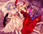  adapted_costume bare_shoulders barefoot bat_wings bed blonde_hair blue_hair flandre_scarlet from_above glowing hat kol49 lying multiple_girls on_back on_side open_back pillow red_eyes remilia_scarlet short_hair siblings sisters skull smile touhou wings 