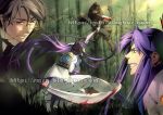  action battle brown_hair duel forest formal glasses hiyama_kiyoteru kamui_gakupo katana kisekiguiji male multiple_boys nature perspective purple_hair samurai sode sword vocaloid watermark weapon 