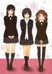  absurdres amagami arms_behind_back black_hair blazer blue_eyes bob_cut brown_eyes brown_hair crossed_legs_(standing) dress_shirt hair_ribbon hairband hands_clasped height_difference highres light_smile long_hair looking_at_viewer messy_hair morishima_haruka multiple_girls nakata_sae nanasaki_ai official_art ribbon school_uniform seifuku shirt short_hair skirt smile snowflakes steepled_fingers takayama_kisai thigh-highs thighhighs twintails untucked zettai_ryouiki 