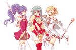  3girls :d aqua_hair blonde_hair blue_hair cape dress eirika fire_emblem fire_emblem:_seima_no_kouseki hand_on_shoulder l&#039;arachel moru_marian multiple_girls open_mouth pauldrons polearm ponytail rapier skirt smile spear sword tana thigh-highs wand weapon zettai_ryouiki 