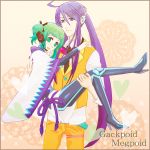  1girl ahoge carrying cosplay costume_switch couple green_hair gumi gumi_(cosplay) headset holding kamui_gakupo kamui_gakupo_(cosplay) meka princess_carry purple_hair smile vocaloid 