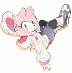  1girl amy_rose animal_ears animal_nose blush furry furry_female gloves green_eyes hairband hood looking_at_viewer open_mouth pink_fur pink_hair posojo123 red_hairband short_hair shorts simple_background solo sonic_(series) white_gloves 