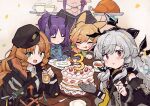 5girls :d :p :t ^_^ absurdres anger_vein animal_ears arknights arufufu bangs black_gloves black_headwear black_jacket black_necktie blue_shirt blush brown_hair cabbie_hat cake closed_eyes closed_mouth collared_shirt commentary_request cup diagonal-striped_necktie drink drinking_glass eating eyebrows_visible_through_hair fang food fruit gloves green_eyes green_shirt grey_hair hair_between_eyes hair_ornament hairclip hat head_out_of_frame hibiscus_(arknights) highres holding holding_cup holding_tray horns ice ice_cube jacket kroos_(arknights) lava_(arknights) long_hair multiple_girls necktie open_clothes open_jacket parted_bangs plate pointy_ears red_eyes ringlets shirt single_glove smile steam strawberry swire_(arknights) table tilted_headwear tongue tongue_out tray turkey_(food) very_long_hair wavy_mouth weedy_(arknights) white_shirt