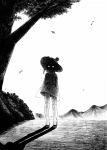  1girl bush eyes_in_shadow greyscale highres horizontal_pupils landscape leaf monochrome moriya_suwako mountain shaded_face shoes skirt solo thigh-highs touhou tree vest white_background whoru wide_sleeves 