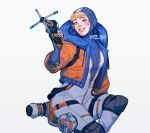  1girl absurdres apex_legends blonde_hair blue_bodysuit blue_eyes blue_headwear bodysuit cable energy_reader_(apex_legends) freckles grey_background highres hood hooded_jacket jacket orange_jacket parted_lips ribbed_bodysuit scar scar_on_cheek scar_on_face sitting smile solo sparkle thigh_strap vesper_(v17-20) wattson_(apex_legends) white_bodysuit 