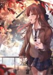  1girl absurdres autumn autumn_leaves blue_skirt blush bow branch brown_hair brown_jacket cardigan cellphone collared_shirt commentary_request cowboy_shot dappled_sunlight day hair_between_eyes hair_bow half_updo hand_on_railing highres holding holding_phone idolmaster idolmaster_shiny_colors jacket leaf leaning_on_rail long_hair looking_to_the_side necktie odecono3 open_mouth osaki_amana outdoors phone plaid plaid_skirt pleated_skirt railing school_uniform shirt skirt smartphone smile solo standing sunlight teeth tree white_shirt yellow_cardigan yellow_eyes 