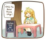  1girl absurdres bangs blonde_hair boots character_name closed_eyes cup hair_rings highres kisaki_tencha long_hair nijigen_project open_mouth plant sitting solo table tree vietnamese_text virtual_youtuber vit_(6bigduck9) 