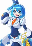  1girl absurdres android bangs blue_bodysuit blue_eyes blue_hair blush bodysuit breasts commentary_request covered_navel eyebrows_visible_through_hair fontatoba gloves hair_ornament hairband hand_up headset highres joints long_hair medium_breasts mega_man_(series) mega_man_x_(series) mega_man_x_dive open_mouth ponytail rico_(mega_man) robot_joints salute shiny shiny_hair shorts side_ponytail signature simple_background skin_tight smile upper_body white_background 