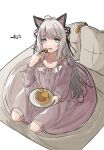  1girl ahoge animal_ear_fluff animal_ears arknights bangs blue_eyes commentary_request dress eyebrows_visible_through_hair food fork frilled_dress frills grey_dress grey_hair hand_up harukan_tiusu highres holding holding_fork holding_plate long_hair long_sleeves looking_at_viewer mint_(arknights) open_mouth pancake pillow plate puffy_long_sleeves puffy_sleeves simple_background sleeves_past_wrists solo very_long_hair white_background 