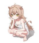  1girl 430rl animal_ears armpit_crease bangs bare_shoulders barefoot blush breasts crossed_bangs dress eyebrows_visible_through_hair head_rest highres indie_virtual_youtuber lion_ears lion_girl lion_tail long_hair looking_at_viewer open_mouth rurudo_lion simple_background small_breasts solo squatting tail virtual_youtuber white_dress 