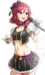  1girl bow breasts flower gloves groin hair_bow hair_flower hair_ornament highres idol kiritzugu love_live! microphone midriff navel nishikino_maki open_mouth puffy_short_sleeves puffy_sleeves purple_flower redhead short_hair short_sleeves skirt smile solo sweat sweatdrop teeth violet_eyes 