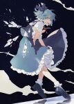  1girl :d blue_bow blue_dress blue_eyes blue_footwear blue_hair blue_skirt bobby_socks bow cirno commentary dress full_body hair_bow highres ice ice_wings isshin_(kaxz) looking_at_viewer mary_janes neck_ribbon open_mouth puffy_short_sleeves puffy_sleeves reaching_out red_ribbon reflection ribbon shirt shoes short_hair short_sleeves sideways_glance skirt skirt_set smile socks solo touhou white_shirt wings 