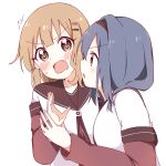  2girls blonde_hair blue_hair blush brown_eyes commentary_request eye_contact fang furutani_himawari grabbing hair_ornament hairclip highres looking_at_another mesushio multiple_girls nanamori_school_uniform oomuro_sakurako school_uniform short_hair sweatdrop white_background yuru_yuri 