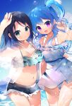  2girls bang_dream! black_hair character_hair_ornament closed_mouth collarbone cowboy_shot floral_print green_eyes hair_ornament hairclip light_blue_hair long_hair looking_at_viewer matsubara_kanon medium_hair multiple_girls navel okusawa_misaki one_side_up open_mouth violet_eyes water yun_(dust-i1) 