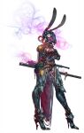  1girl animal_ears armor artist_request aura belt between_breasts breasts brown_legwear cape covered_navel crossed_arms fake_animal_ears glowing greaves grey_background high_heels katana machinery mask mechanical_ears necktie official_art pauldrons rabbit_ears red_cape red_necktie sheath sheathed shoulder_armor simple_background solo standing sword taimanin_(series) taimanin_rpgx thigh-highs torn torn_cape torn_clothes tube vambraces wakizashi weapon 