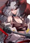 1girl arknights bandages bangs bare_shoulders black_choker black_gloves breasts chest_sarashi choker commentary crop_top eyebrows_visible_through_hair gloves grey_hair hair_between_eyes hammer highres holding holding_hammer holding_weapon horns infection_monitor_(arknights) large_breasts long_hair looking_at_viewer midriff mudrock_(arknights) oripathy_lesion_(arknights) pointy_ears red_eyes sarashi sidelocks simple_background solo sports_bra stomach torn_clothes upper_body vermilli000n weapon white_background 