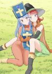  2girls aqua_hair blue_eyes bodysuit boots breasts cape closed_mouth cross dragon_quest dragon_quest_iii dress elbow_gloves feet_out_of_frame gloves hat highres hug kajino_(aosansai) long_hair looking_at_viewer mage_(dq3) mitre multiple_girls orange_bodysuit priest_(dq3) short_hair skin_tight tabard witch_hat 