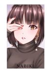  1girl bangs black_shirt blunt_bangs bob_cut border brown_eyes brown_hair character_name close-up commentary covering_one_eye earrings english_commentary eyebrows_visible_through_hair hand_over_eye hand_to_head highres jewelry jmoart214 light_blush lips long_sleeves looking_at_viewer nail_polish parted_lips portrait ranma_1/2 red_nails romaji_text shirt short_hair solo tendou_nabiki turtleneck white_border 