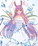  1girl absurdres alternate_costume animal_ears bangs bare_shoulders blush breasts chinese_commentary commentary_request diving_penguin dress expressionless eyebrows_visible_through_hair gradient gradient_background hair_ornament hand_up highres holding ice ice_cube long_hair looking_at_viewer moon_rabbit open_mouth purple_hair rabbit_ears reisen_udongein_inaba simple_background solo standing touhou very_long_hair violet_eyes white_background white_dress wrist_cuffs 