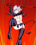  1girl absurdres black_horns black_tail boots breasts cosplay demon_girl demon_horns demon_tail english_commentary helltaker highres horns incoming_attack kamui_(kill_la_kill) kill_la_kill leg_up malina_(helltaker) matoi_ryuuko matoi_ryuuko_(cosplay) medium_breasts porougon red_background red_eyes revealing_clothes scissor_blade senketsu short_hair sword tail thigh-highs thigh_boots thighs weapon white_hair 