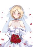  1girl absurdres blonde_hair blush breasts brown_eyes choker commission cross dress flower girls_frontline gloves hakugin006 highres iron_cross jewelry looking_at_viewer mp40_(girls&#039;_frontline) non-web_source ring rose smile wedding_band wedding_dress 