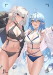  2girls :d ahoge animal_ears bangs battery_indicator bikini black_bikini black_jacket black_nails blue_hair blue_sky blush breasts flower grey_eyes grey_hair grin hair_between_eyes hair_flower hair_ornament hand_on_hip hand_up heart heart_ahoge highres hololive jacket jmao large_breasts lion_ears long_hair multiple_girls navel open_mouth pointy_ears revision selfie shishiro_botan sidelocks sky smile stomach swimsuit two_side_up v viewfinder virtual_youtuber water_drop white_bikini white_jacket yukihana_lamy 