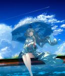  1girl arm_across_waist bangs bare_legs bird blue_dress blue_eyes blue_hair blue_sky chocoshi chromatic_aberration clothes_lift clouds contrail dress dress_lift flock flower flying grass hair_lift hand_up highres holding holding_umbrella light_particles long_hair long_sleeves looking_away original parted_lips railing scenery shaded_face sitting sky skyline solo transparent transparent_umbrella umbrella white_dress wide_sleeves wind wind_lift yellow_flower 
