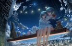  2girls bangs bare_legs bear black_hair blue_skirt blue_sky bucket building chocoshi cityscape closed_mouth clouds crying flower guitar_case hanging highres holding holding_flower horizon instrument_case leaning_on_person leaning_to_the_side light_smile long_sleeves moon moonlight multiple_girls neck_ribbon night night_sky one_eye_closed original paintbrush perspective pleated_skirt rabbit railing red_ribbon reflective_wall ribbon sad scaffolding scenery self_hug shirt shoes shoes_removed short_hair skirt sky skyscraper sleeping star_(sky) starry_sky stuffed_animal stuffed_bunny stuffed_toy teddy_bear white_shirt wind wind_lift window yuri 