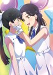  2girls abstract_background absurdres al_aoi_aoba black_hair bow collared_dress commentary cuff_links curtained_hair dress gloves hair_bow half_updo hands_on_another&#039;s_cheeks hands_on_another&#039;s_face hazuki_hana hazuki_ren highres holding_another&#039;s_head long_hair love_live! love_live!_superstar!! matching_outfit mother_and_daughter multiple_girls sleeveless sleeveless_dress tears white_bow white_dress white_gloves wish_song yellow_eyes 