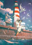  1girl black_hair blue_sky clouds dress hat highres lighthouse long_hair neg_(101neg) ocean off-shoulder_dress off_shoulder original painting_(object) railing red_footwear scenery sky solo waves white_bird white_dress white_feathers 