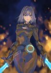  1girl absurdres blue_eyes breast_tattoo breasts dual_wielding ethel_(xenoblade) highres holding holding_sword holding_weapon short_hair solo sword tattoo ug333333 weapon xenoblade_chronicles_(series) xenoblade_chronicles_3 younger 