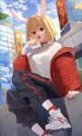  1girl blonde_hair candy carrot carrot_(one_piece) casual choker city coat food furry furry_female highres lollipop one_piece rabbit_girl red_coat red_eyes shoes short_hair sneakers solo white_fur 