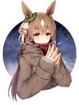  animal_ears bangs blush brown_coat brown_eyes brown_hair closed_mouth coat duffel_coat ear_ribbon eyebrows_visible_through_hair green_ribbon hair_between_eyes highres horse_ears horse_girl long_hair long_sleeves looking_at_viewer plaid plaid_scarf red_scarf ribbon satono_diamond_(umamusume) scarf se-u-ra sleeves_past_wrists smile starry_background steepled_fingers umamusume upper_body 