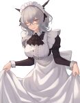  1girl absurdres after3310 arknights ascot bespectacled black_ascot black_dress black_ribbon bow breasts clothes_lift commission dragon_horns dress dress_lift glasses grey_eyes grey_hair highres horns large_breasts lifted_by_self long_sleeves maid maid_day one_eye_closed ribbon second-party_source semi-rimless_eyewear short_hair_with_long_locks simple_background solo talulah_(arknights) two-tone_dress under-rim_eyewear white_background white_bow white_dress 