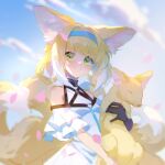  1girl absurdres animal_ear_fluff animal_ears animal_hug arknights bangs bare_shoulders blonde_hair blue_hairband blue_sky blurry blurry_background braid clouds collarbone commentary_request depth_of_field eyebrows_visible_through_hair fox fox_ears fox_girl fox_tail green_eyes hair_rings hairband highres jufan_fantuan kitsune looking_at_viewer multicolored_hair outdoors parted_lips petals shirt sky smile solo suzuran_(arknights) tail twin_braids two-tone_hair white_hair white_shirt 