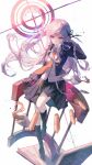  1girl absurdres bangs black_footwear black_gloves black_ribbon book boots braid bullet character_name danganronpa:_trigger_happy_havoc danganronpa_(series) gloves grey_background grey_shirt hair_ribbon hand_in_own_hair highres jacket kirigiri_kyouko knee_boots long_hair looking_at_viewer maccha_(mochancc) necktie open_book open_clothes open_jacket pink_eyes purple_hair ribbon shirt skirt solo violet_eyes 