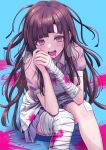  1girl :d apron bandaged_arm bandaged_leg bandages bandaid bandaid_on_knee bandaid_on_leg bangs blood blush breasts brown_hair commentary_request danganronpa_(series) danganronpa_2:_goodbye_despair deadnooodles drooling eyebrows_visible_through_hair gradient gradient_background green_background highres long_hair looking_at_viewer messy_hair mole mole_under_eye open_mouth pink_blood pink_shirt pleated_skirt puffy_short_sleeves puffy_sleeves shiny shiny_hair shirt short_sleeves skirt smile sweat teeth tsumiki_mikan upper_teeth 