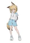  1girl absurdres animal_ears arknights blonde_hair fox_ears fox_girl fox_tail full_body hair_ornament hairclip hands_in_pockets highres kentllaall mechanical_arms medium_hair notched_ear open_mouth orange_eyes shoes shorts simple_background single_mechanical_arm sneakers socks solo tail vermeil_(arknights) whistle whistle_around_neck white_background white_legwear 