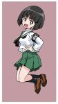  1girl :d armband bangs black_eyes black_hair black_legwear black_neckerchief blouse blunt_bangs blunt_ends bob_cut bright_pupils brown_footwear commentary eyebrows_visible_through_hair floating from_side girls_und_panzer green_skirt hands_on_hips head_tilt highres legs_up loafers long_sleeves looking_at_viewer midriff_peek miniskirt navel neckerchief ooarai_school_uniform open_mouth pleated_skirt ponzu_rui purple_background sailor_collar school_uniform serafuku shirt shoes short_hair simple_background skirt smile socks solo sono_midoriko white_pupils white_sailor_collar white_shirt 